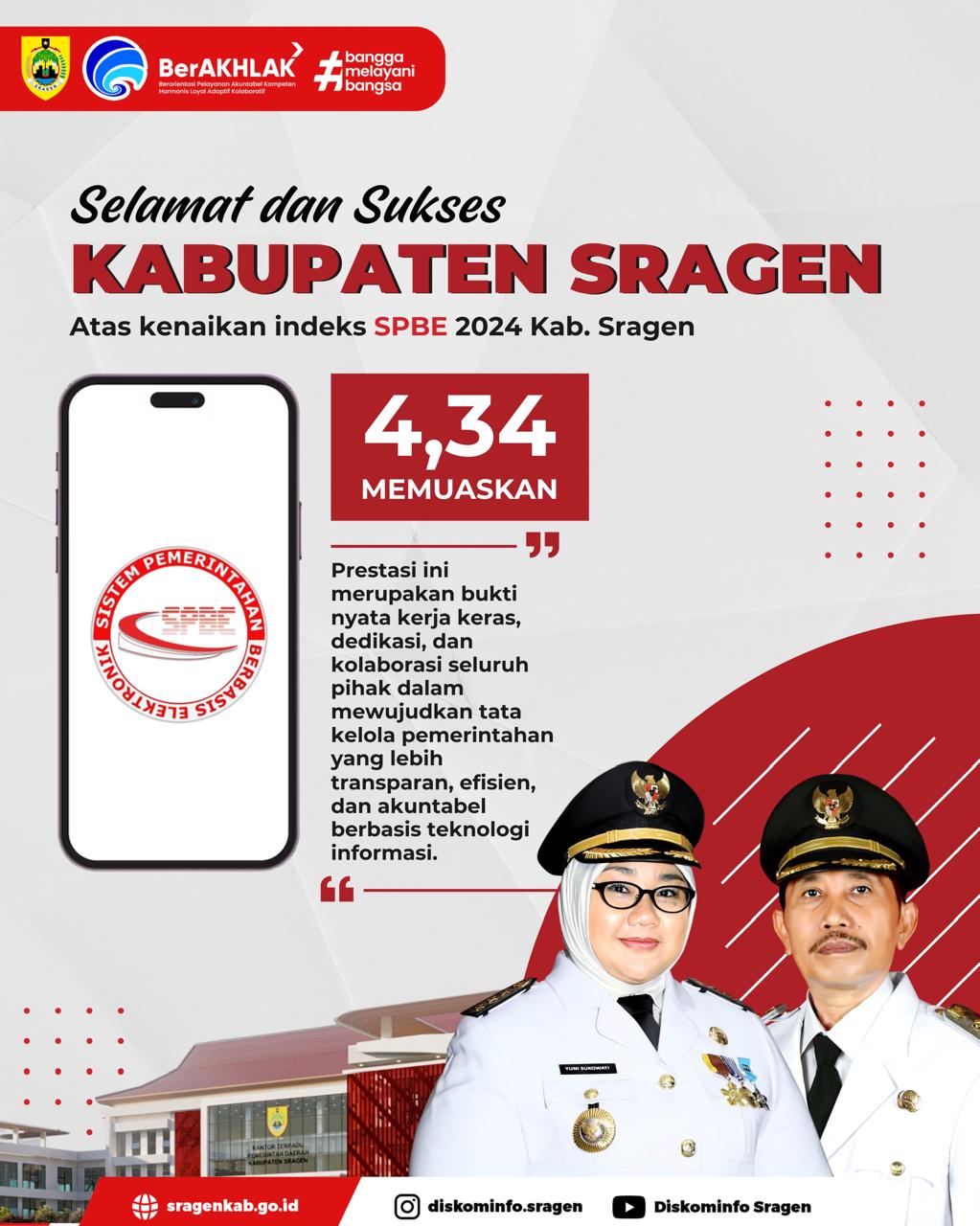 EVALUASI SISTEM PEMERINTAHAN BERBASIS ELEKTRONIK (SPBE) 2024, PEMERINTAH KABUPATEN SRAGEN  RAIH PREDIKAT “MEMUASKAN”